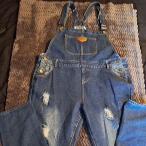 Women's Distressed Dark Blue Denim Overalls Size XL